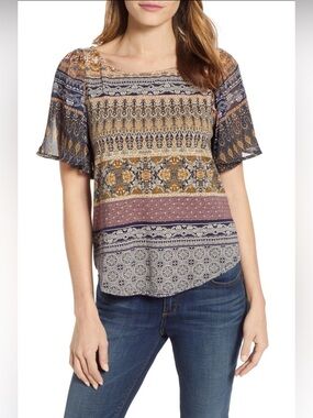 Lucky Brand Mixed Media Flutter Floral Top XL Knit Cotton Mix Cut Out Back Boho